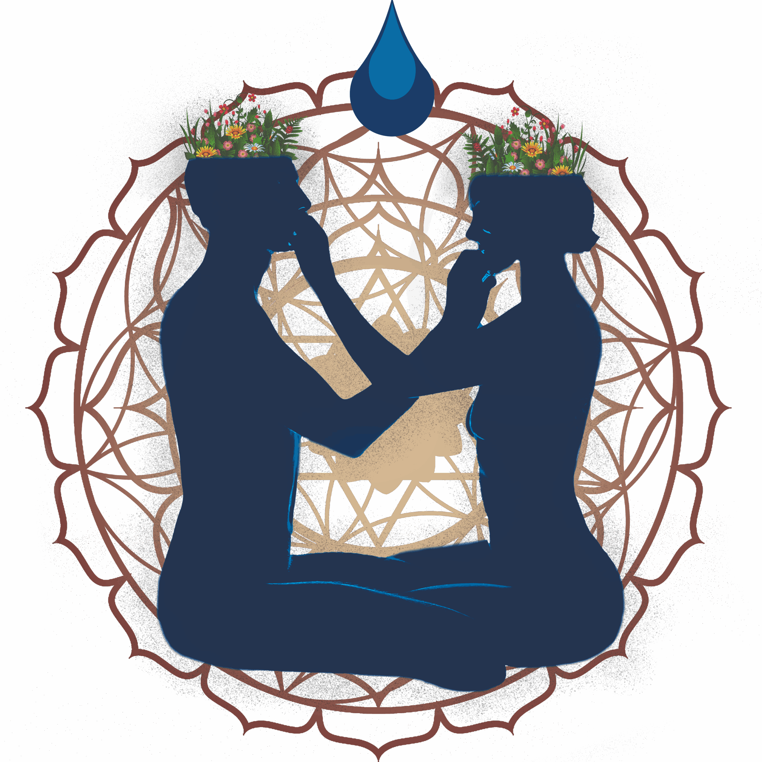 Logo marki, para siedząca naprzeciw siebie, karmi się w tle fraktale nad nimi kropla